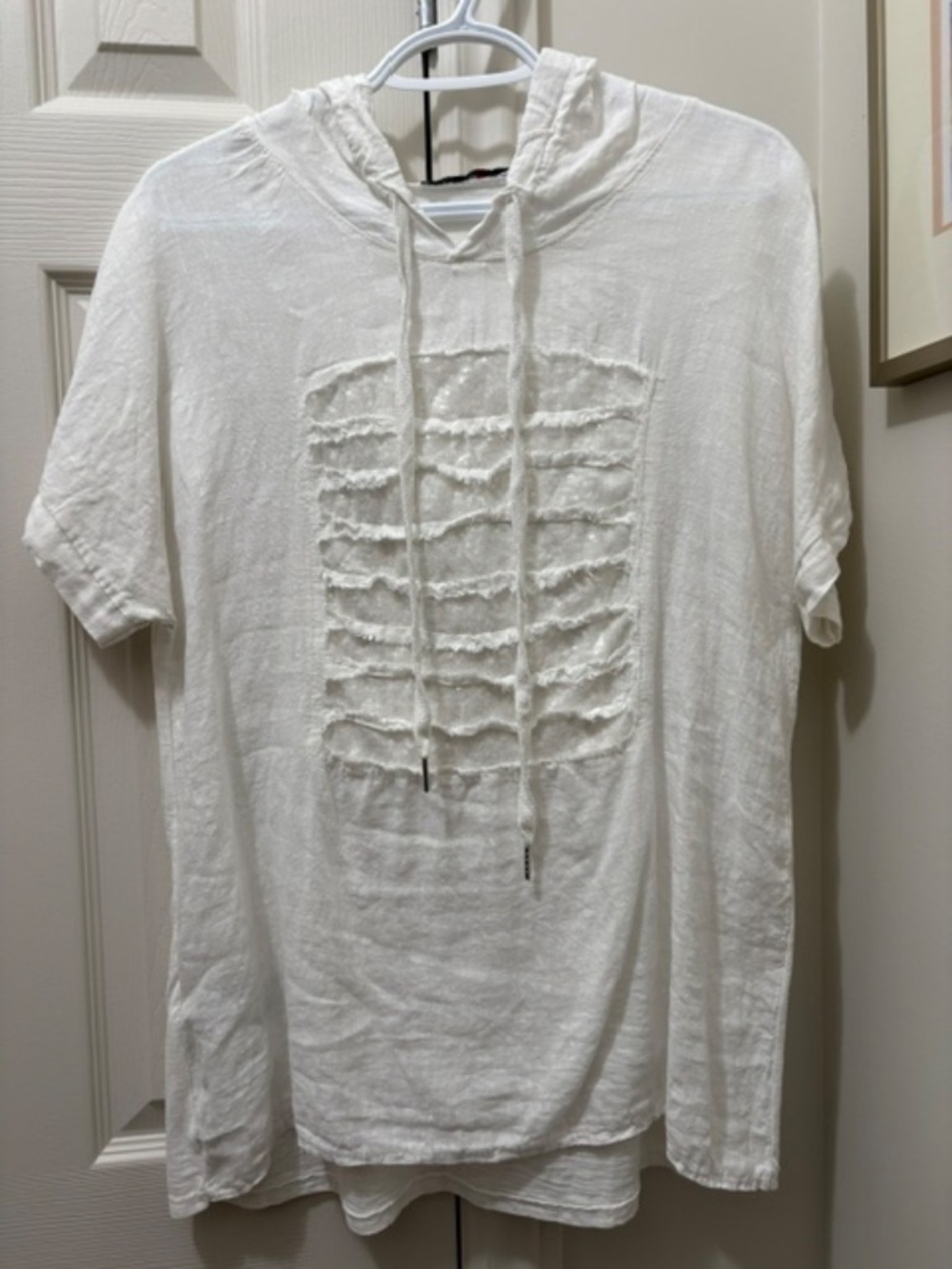 FEMME FATALE Women's sz L white linen blend hoodie top sequins Made Italy